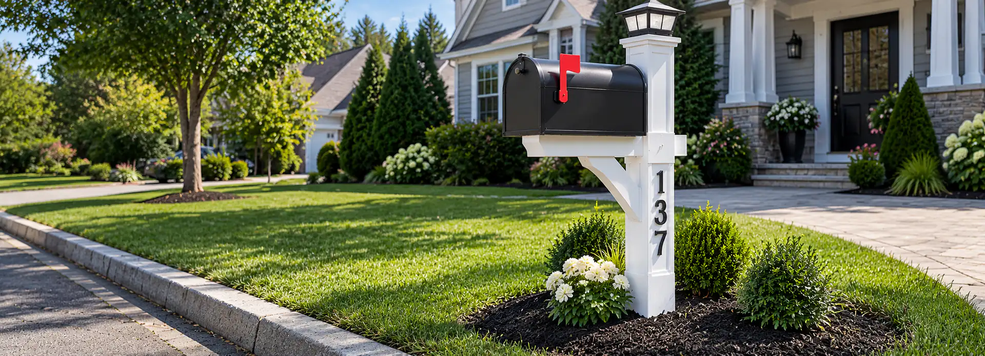 Black mailbox with red flag on a white post with a solar cap light and house number 137, installed in a landscaped flower bed in front of a gray home