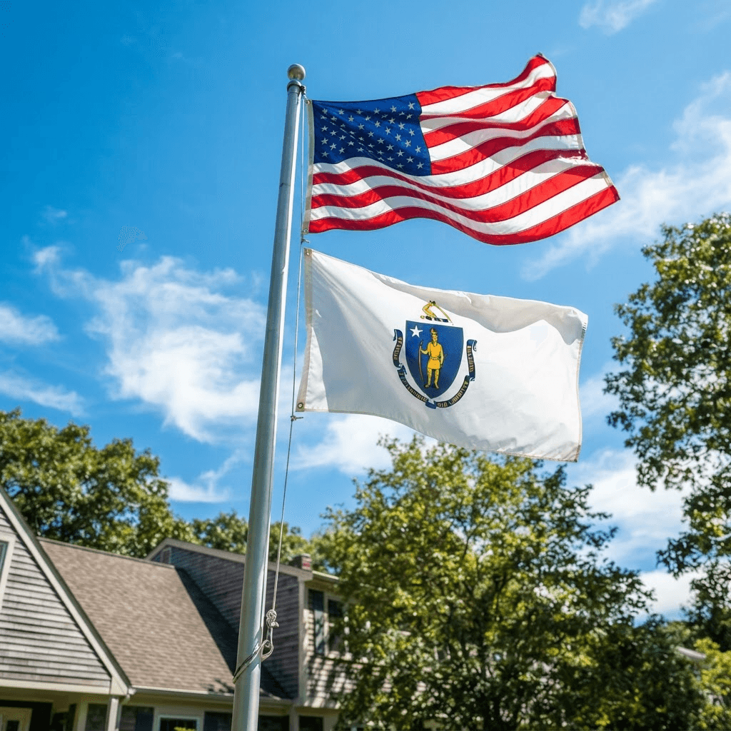 American flag flying above a Massachusetts state flag on a residential flag pole