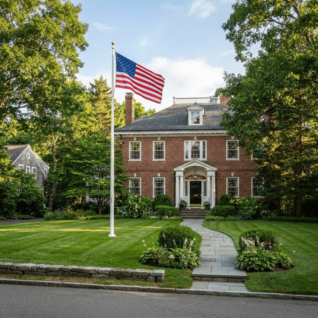 American flag pole at a brick colonial home in Massachusetts