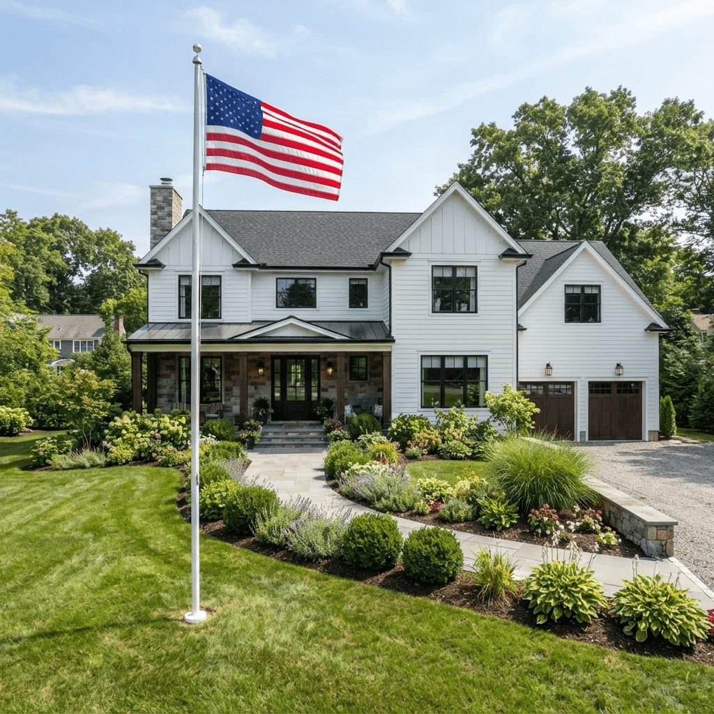 Flag pole at a modern New England farmhouse