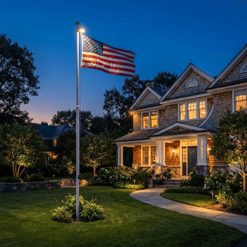 Illuminated flag pole with a solar light at dusk