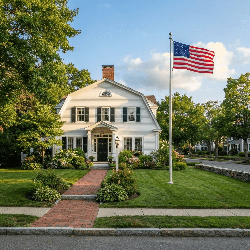Professionally installed residential American flag pole in front of a New England colonial home in Massachusetts