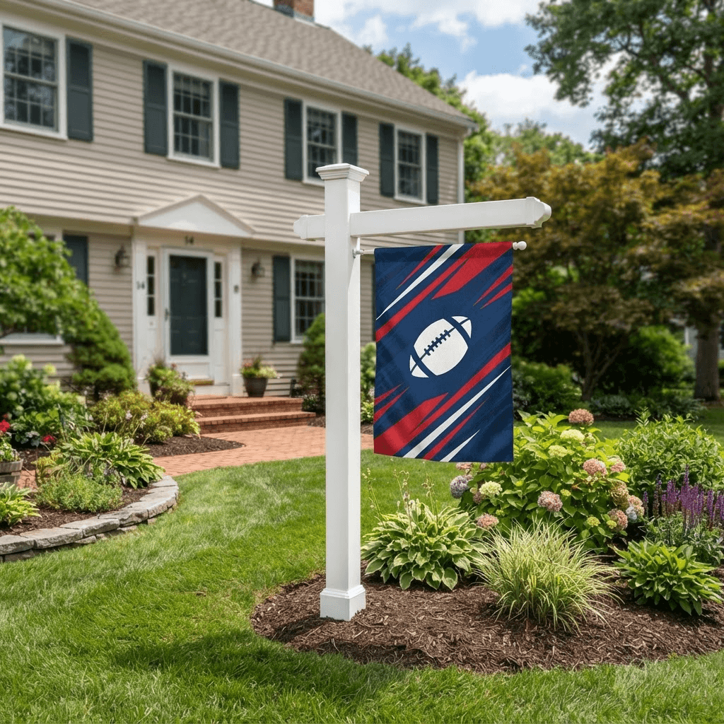 Premium White Vinyl Flag Post installed at a residential home