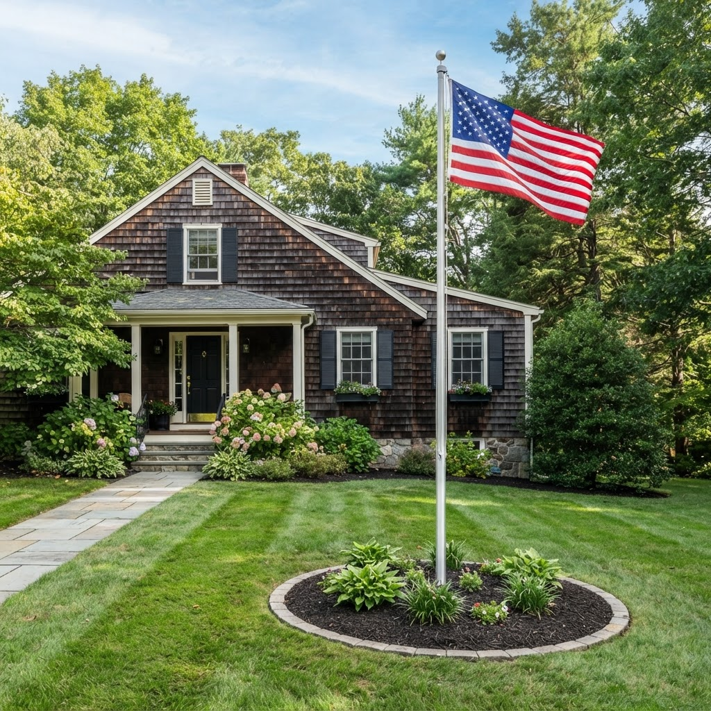Front yard after a professional flag pole installation with landscaped base