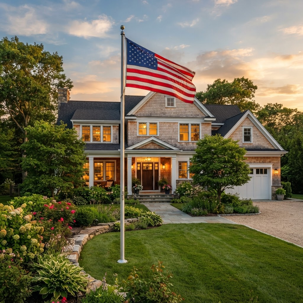Residential flag pole with an American flag in front of a beautiful Massachusetts home at sunset