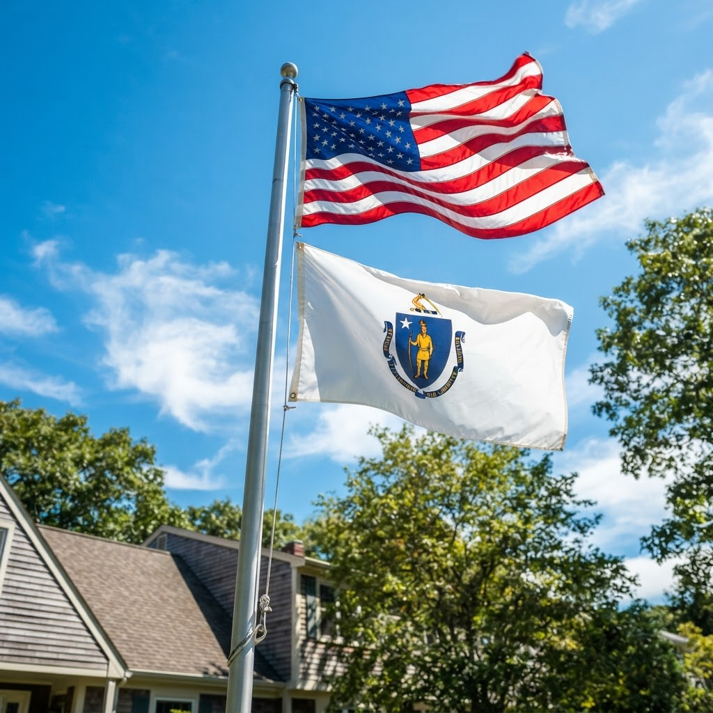American flag flying above a Massachusetts state flag on a residential flag pole