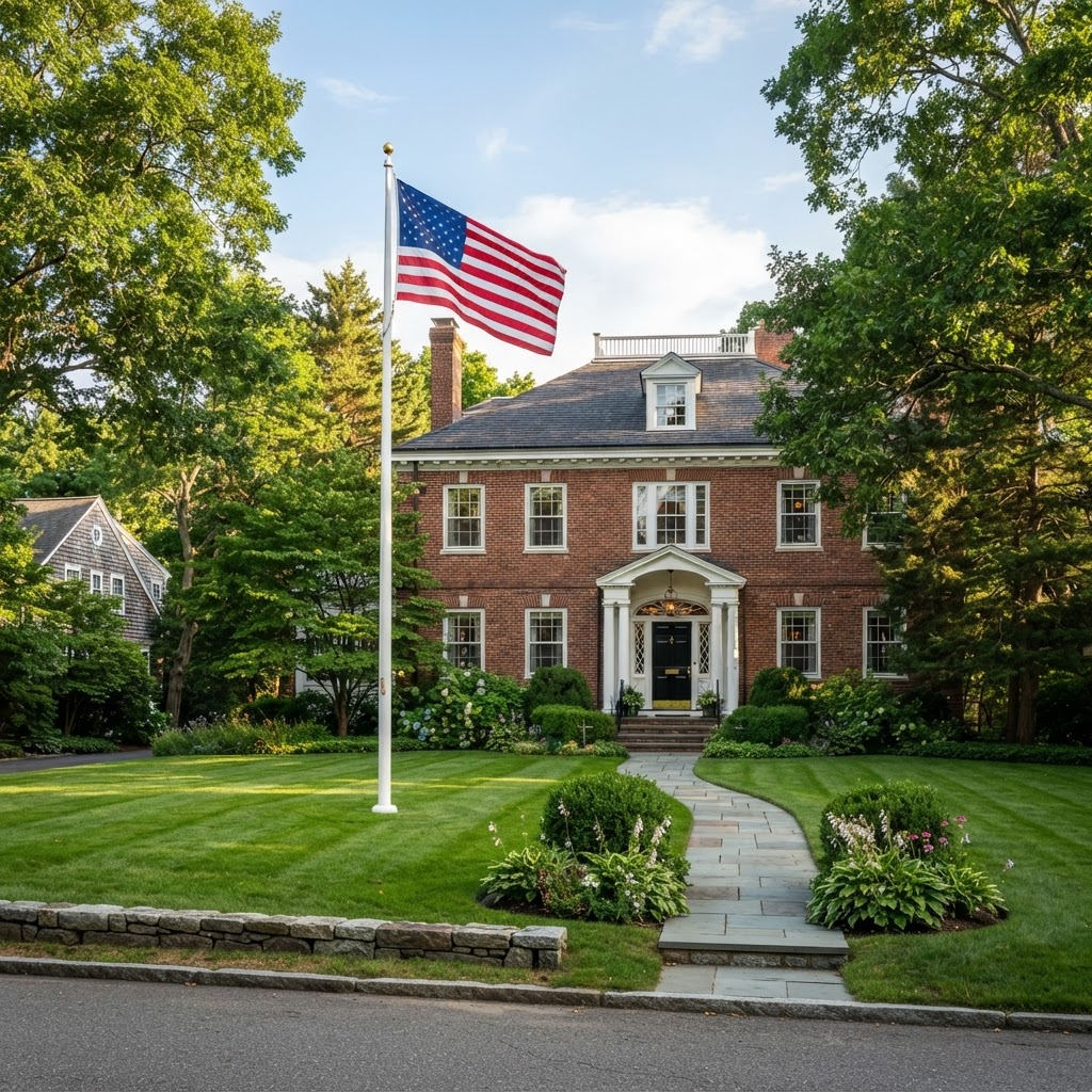 American flag pole at a brick colonial home in Massachusetts