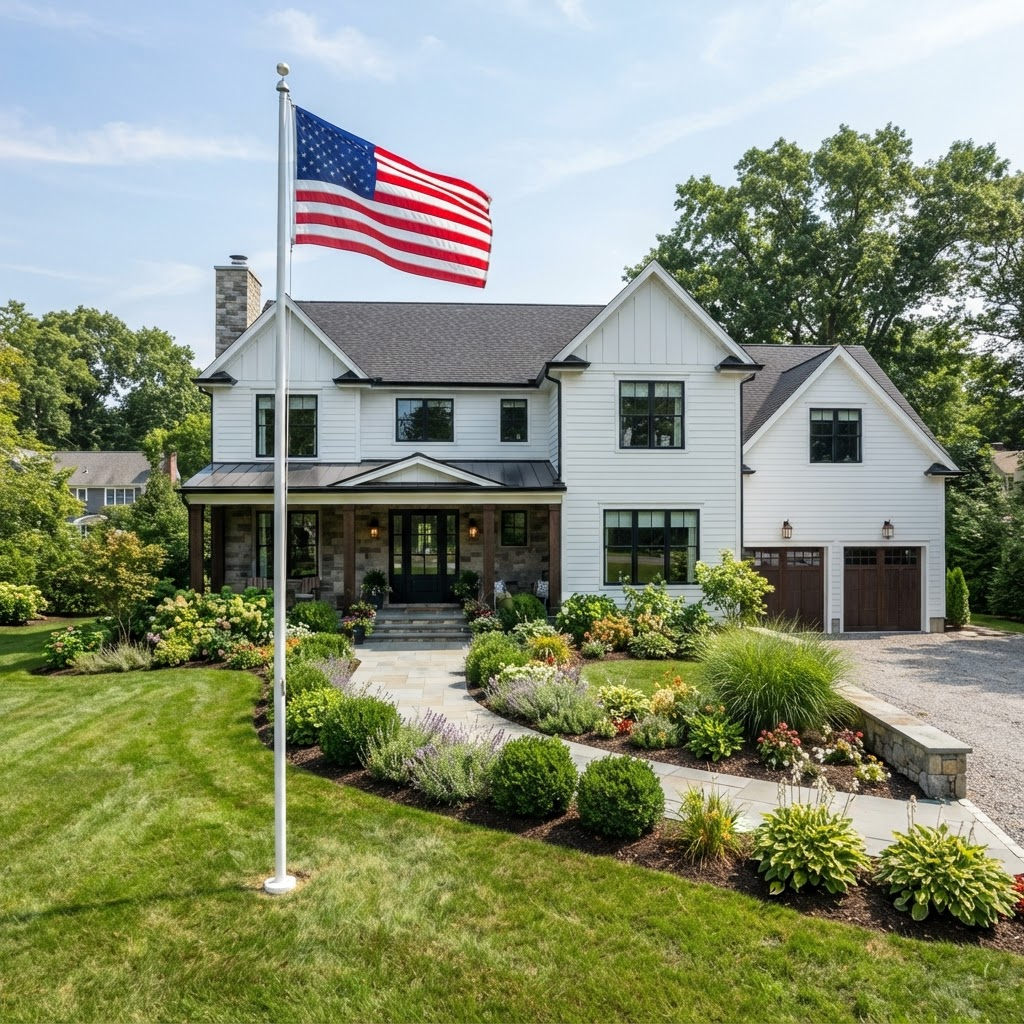 Flag pole at a modern New England farmhouse