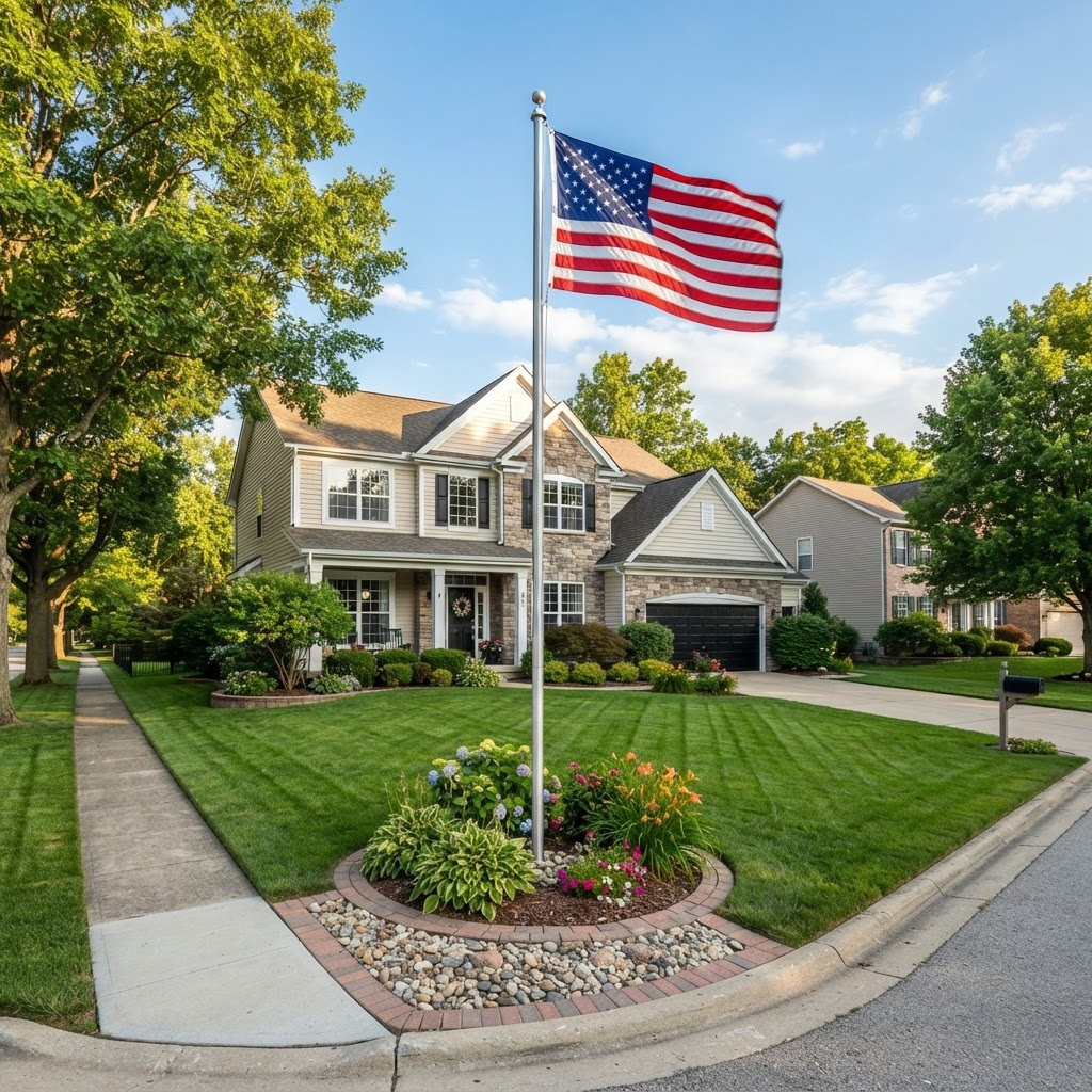 Flag pole with a landscaped base on a suburban corner lot