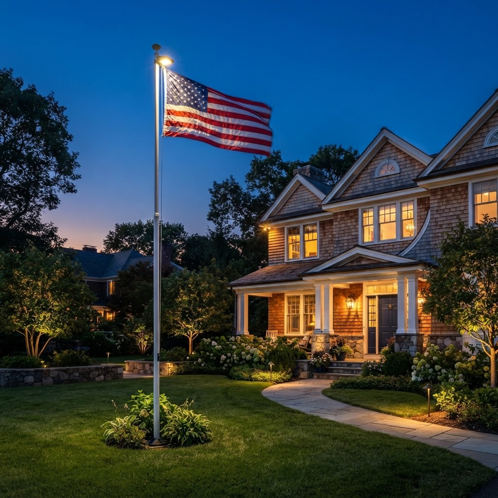 Illuminated flag pole with a solar light at dusk