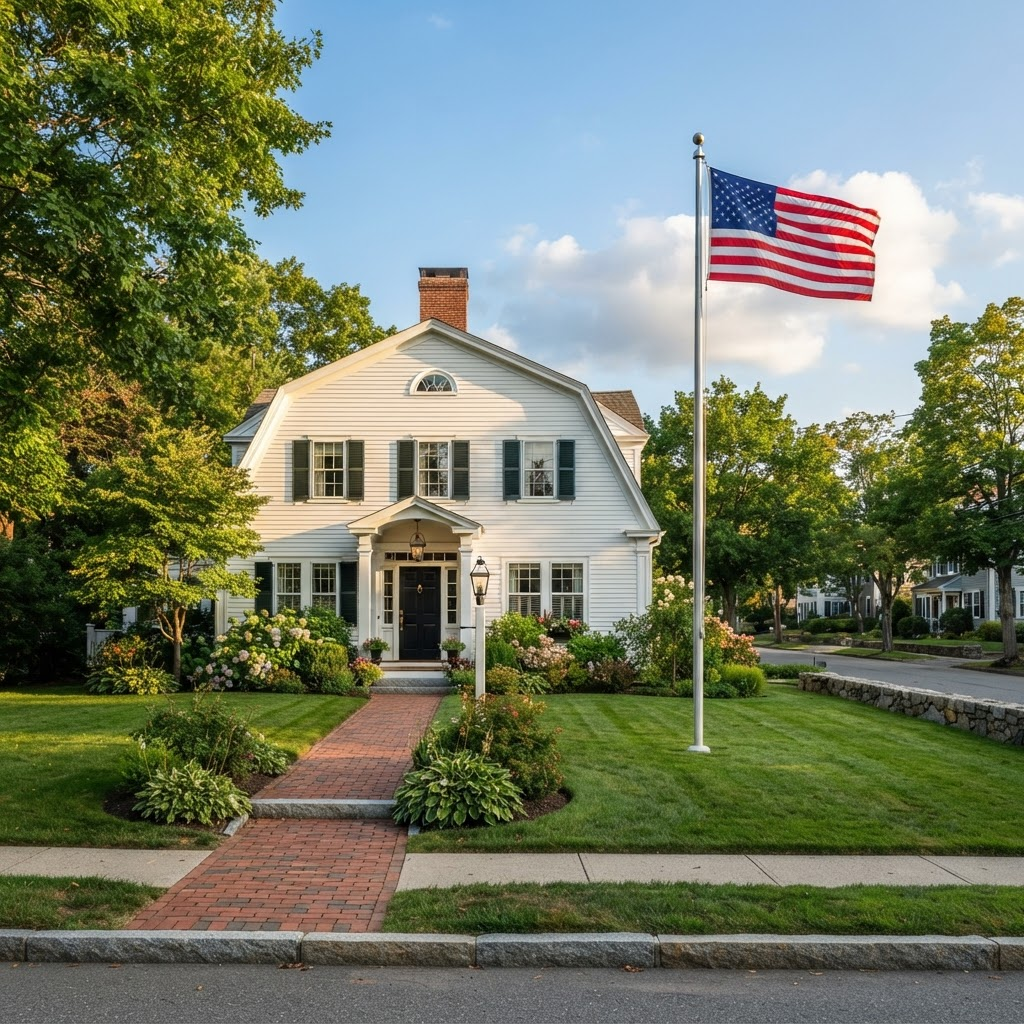Professionally installed residential American flag pole in front of a New England colonial home in Massachusetts