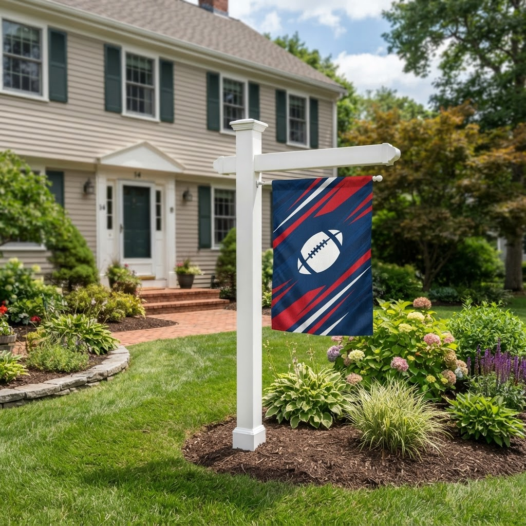 Premium White Vinyl Flag Post installed at a residential home