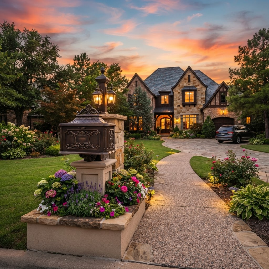 Premium mailbox installed in front of a beautiful home at sunset