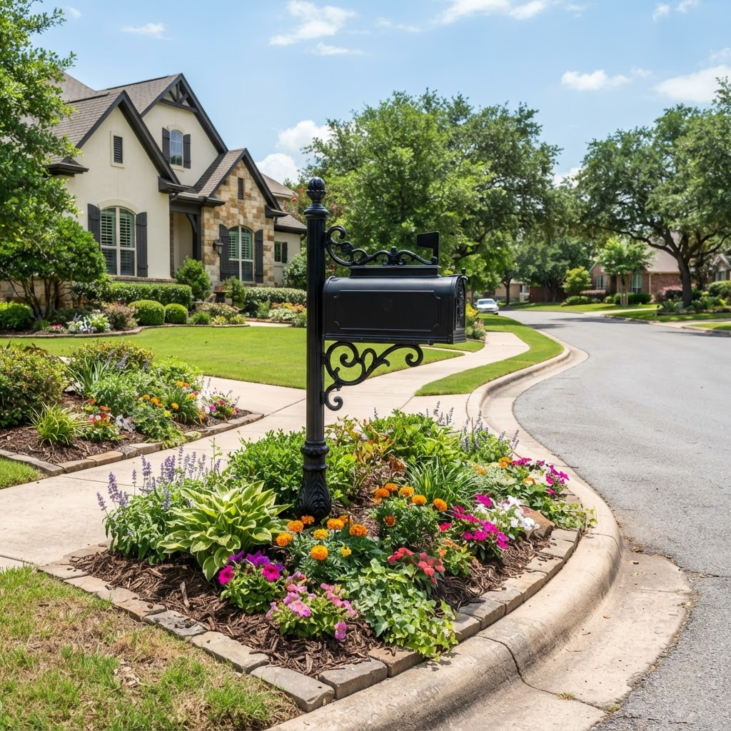Mailbox installation on a landscaped corner lot