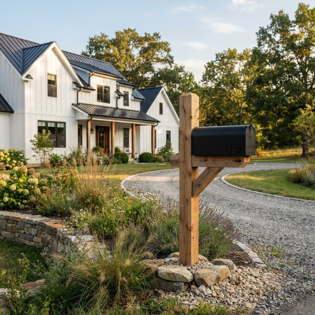 Cedar mailbox post at a modern farmhouse