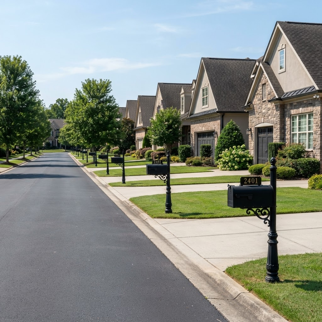 Matching mailboxes along an HOA community street